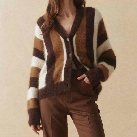 The Great Cardigan Womens The Fluffy Slouch Brown Hickory Stipe Cozy‎ Size 3 NEW - Picture 1 of 8